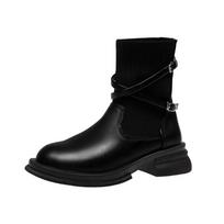 Brand Women's Shoes Ankle Women's Boots Classics Modern Boots Women Stretch Slip on Round Toe Low Heel Belt Buckle Shoes Women 35 juoda