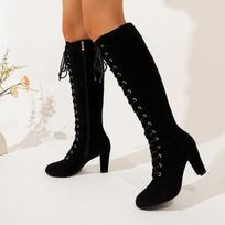 Fashion 2025 Autumn Winter Women's Knee-High Boots Side Zip Chunky High Heel Long Boots Vintage Suede Front Lace Up Botas Mujer Elegant 35 juoda