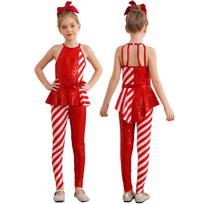 Kids Christmas Jumpsuit Sleeveless Open Back High Waist Peplum Stripes Sequins Costume 9-10 Years raudona