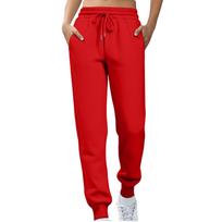 Ladies' Fashionable Solid Color Straight Leg Pants With High Waist Drawstring Pockets And Elastic Waist Casual Pants M raudona