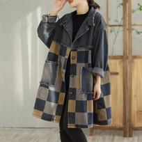 Rudens marškiniai Džinsinis paltas Palaidinė Laisvi ilgomis rankovėmis marškiniai Moteriški marškiniai Languoti Laisvi Mėlyni Patchwork V formos iškirpte Moteriški viršutiniai drabužiai M