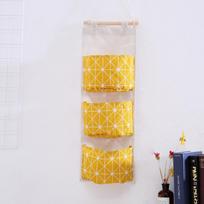 3 Pockets Hanging Organizers Wall Mounted Large Capacity Hanging Storage Bag Cotton Linen Waterproof Closet Organizer Home Decor geltona