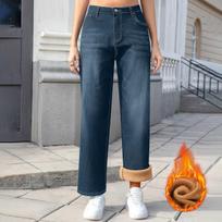 Women's Fashionable Versatile Straight,Leg Pants Casual Fleece,Lined Denim Jeans L mėlyna