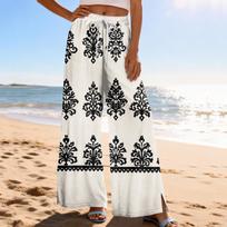 Women Summer Boho Palazzo Pants High Waist Wide Leg Printing Casual Trousers With Pockets L smėlis