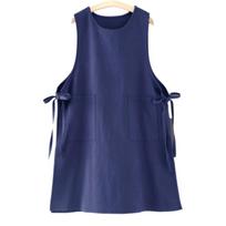 Rural Style Round Neck Apron Cotton with Side Strap Kitchen Apron with Pocket Stain Resistant Baking Work Clothes Cafe mėlyna