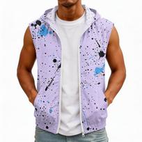 Men Sleeveless Hooded Lightweight Sun Vest with Pocket Ink Print Zip Up Design for Outdoor Activities XXL violetinė