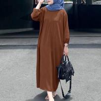 Muslim Women Kaftan Dress Long Sleeve Pocket Robe Casual Dubai Style Solid Color Muslim Clothing S ruda