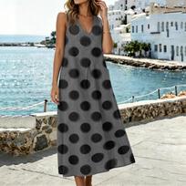 Sleeveless V Neck Pocket Split Hem Dress Women Casual Loose Fit Midi Dress with Polka Dot Print Linen Blend Fabric L juoda