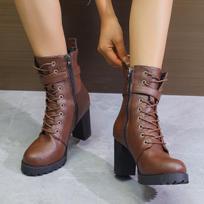 Autumn and winter new high-heeled short boots large size belt buckle European and American side zipper thick-heeled boots Martin boots 35 ruda