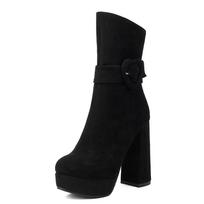Flock Suede Women Ankle Boots Round Toe Block High Heels Platform Hill Buckle Big Size 43 44 Bota 35 juoda
