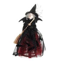 Halloween Witch Doll with Broom Small Witch Figurine with Gauze Skirt Spooky raudona
