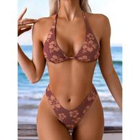 New neck strap sexy briefs split bikini Flower print swimsuit XS