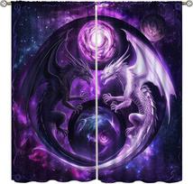 Dragon Curtains for Boys,Mystery Fantasy Stars 3D Purple Yin Yang Black White Sky Wings Flying Dragon Window Drape Print for Kid 53x116cm 2pc21x46in&Rod Pocket