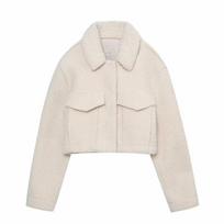 Women's Fleece Warm Lapel Short Long-sleeved Jacket L smėlis