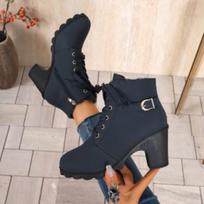 Moteriški plačiosios pėdos apvalaus priekio ankle boots - suvarstomi aukštakulniai Martin batai rudeniui/žiemai, madingi laisvalaikio batai 36 tamsiai mėlyna