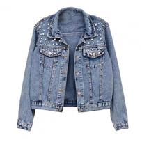 Women Jacket Stylish Winter Women's Denim Coat with Bead Decor Plus Size Long Sleeves Turn-down Collar Casual Streetwear Jacket M šviesiai mėlyna spalva