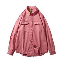 Amekaji American vintage Heavy Cotton Multi-pockets Cargo Shirts Men's Long sleeve Foreign Trade Men's Casual Shirt Pink M