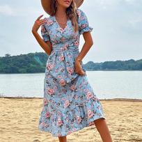 Summer seaside vacation retro sweet wind v-neck dress S mėlyna