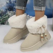 Women's Furry Snow Boots with Bow & Beads, Plush Lined Winter Booties, Outdoor Ankle Boots in Stock 36 smėlis