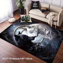 Flannel Printed Wolf Couple Rug Black White Design Soft Fleece Floor Mat Living Room Carpet Nature Art Decor Rugs 60x90cm