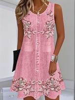 Standard size dress summer, milk silk fabric imitation denim digital printing suspender skirt, sleeveless straight tube loose S rožinė