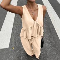 Ladies' Casual V-neck Sleeveless Vest And Pants Set XXL smėlis
