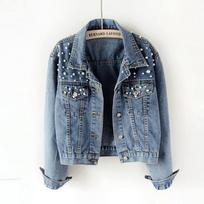 Women's Beaded Pearl Short Denim Jacket - Loose Fit for Spring/Autumn 2026 S šviesiai mėlyna spalva
