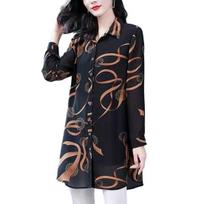 Lapel Long Sleeve Casual Shirt Single-breasted Thin Mid-aged Mother Printing Mid-length Shirt Daily Garment 3XL geltona