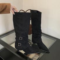 Woman Knee High Boots Vintage Suede Pleated Shoes 2026 Autumn Winter Ladies Elegant Pointed Toe Thin Heel Long Botas Mujer 35 juoda