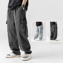 Men's Double Three-dimensional Pocket Jeans Spring Retro Distressed Washed Tooling Trousers Men XXXL juoda