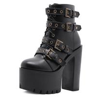 Fashion New Sexy Chain Women Leather Autumn Boots Block Heel Gothic Black Punk Style Platform Shoes Female Footwear High Quality 35 juoda