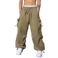 Yousheng Men Casual Cargo Pants Hip Hop Baggy Trousers with Pockets Low-Rise Elastic Waist Drawstring Loose Pants for Spring Autumn Street Travel XL chaki