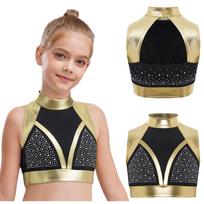 Kids Performance Top Mock Neck Sleeveless Cutout Back Shiny Rhinestones Color Block Dance 5-6 Years auksas