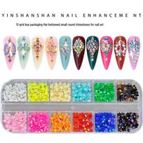 12-Grid Resin Nail Art Box: Round Electroplated AB & White Flat-Bottomed Gems