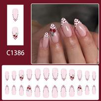Elegant Medium Almond Press On Nails Glossy French White Tip with Red Dots 3D Cherry Design 24pcs