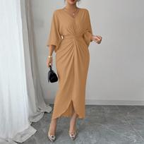 Women's Casual Fashion Sleeve V-Neck Kink Split Dress M chaki