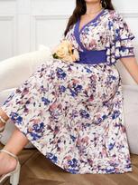 2025 Summer Plus Size Printed Midi Dress: Short Sleeve, Slimming, Long Skirt for Women XL violetinė
