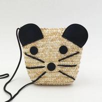 Cute Mouse Wheat Straw Beach Bag Woven Women's Shoulder Crossbody Bags Female Messenger Bag Mini Handbag Zero Purse Travel Pouch smėlis