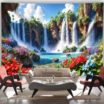 2D Vibrant Paradise Backdrop Waterfalls, Turquoise Water, Palm Trees and Exotic Flowers Banner 47.2x31.5inch/120*80cm