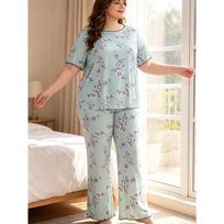 Big-size Short-sleeved Long Pants Pajama Set for Women, Loose and Comfortable Pajama Set for Home Wear 1XL