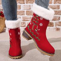 Women's Red Christmas Embroidered Snow Boots Furry Lined Platform Round Toe Chunky Heel Ankle Booties Winter Suede Warm Shoes 36 raudona