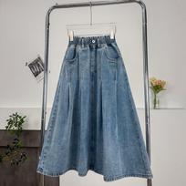 Women's Elastic Waist Denim Skirt A-Line Midi Skirt Plus Size Elegant Casual Mid Long Swing Skirt With Pocket Button Detail M šviesiai mėlyna spalva