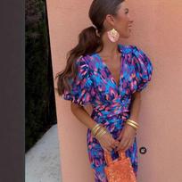 Women's V Neck Short Puff Sleeve Midi Dress Slim Fit Mid Waist Leopard Animal Print Ruched Bodycon Dress 2025 Summer Elegant Party Outfit S mėlyna