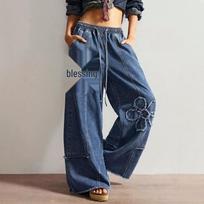 Women's Retro Floral Patchwork Denim Floor-Length Jeans XL