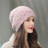 Nauja žieminė kepurė Gatvės mados triušio kailio mišinio stora šilta kepurė moterims elegantiška perlų dekoracija megzta kepurė moterims, dovana M（56-58cm） rožinė