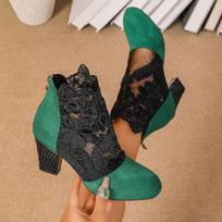 Fashion Lace and Mesh Heeled Cooling Boots Women's Plus Size Fashion Round Toe Paneled Rear Zip Block Heel Roman Sandals 35 žalia