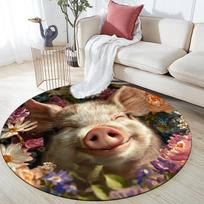 Pig and Flowers pattern round rug,Carpet Rug for Living Room Bedroom  Playroom ,Non-slip Floor Mat,Holiday Gifts and Birthday Gifts. 80cmx80cm