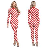 Moteriškas kalėdinis „Candy Cane“ kombinezonas Kalėdinis dryžuotas vientisas kūno kostiumas Kalėdų vakarėliui 3XL raudona