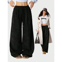 Women's Corduroy Wide Leg Pants Casual Drawstring Elastic Waist Loose Trousers S juoda
