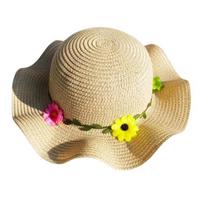 Children Wide Protection Straw Brim UV Sun Hat Hat with 3D Flowers smėlis